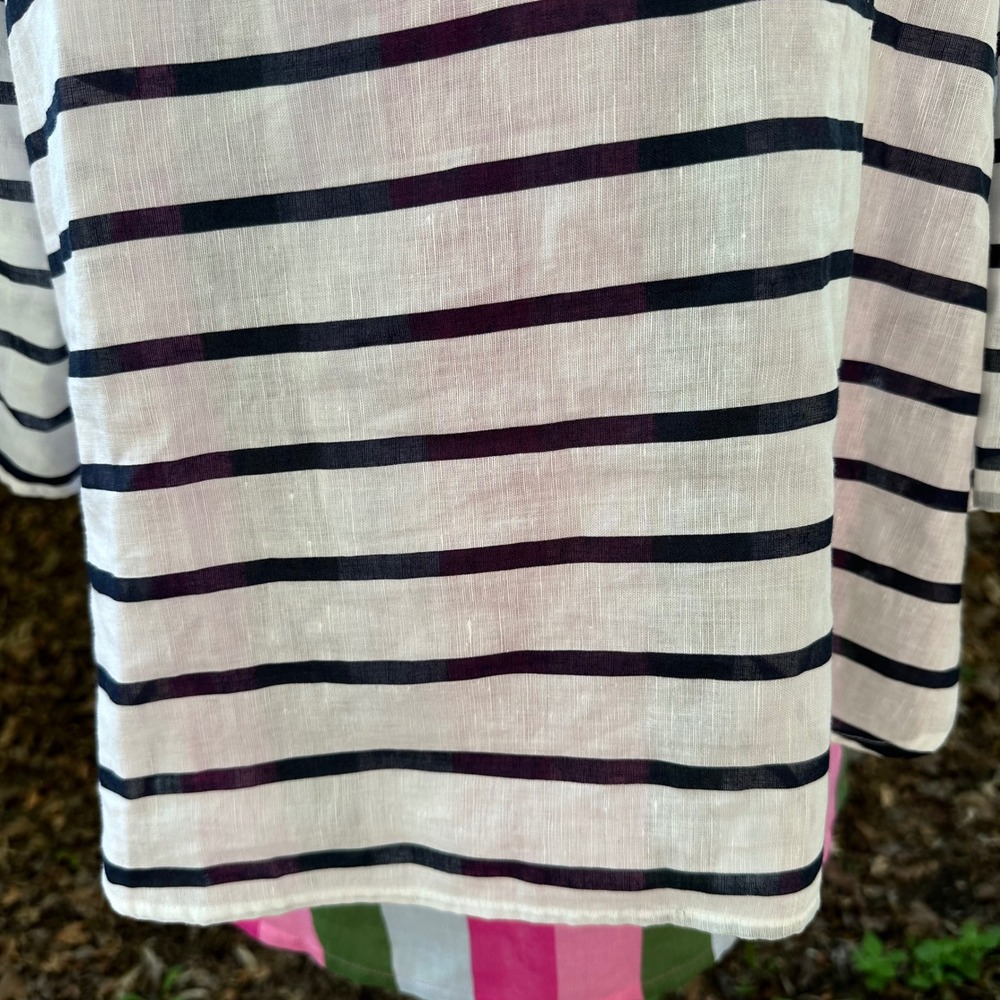 Hester & Orchard Linen Blend Tunic Top B&W Striped 3/4 Sleeve Button‎ Up Size L - Picture 3 of 12